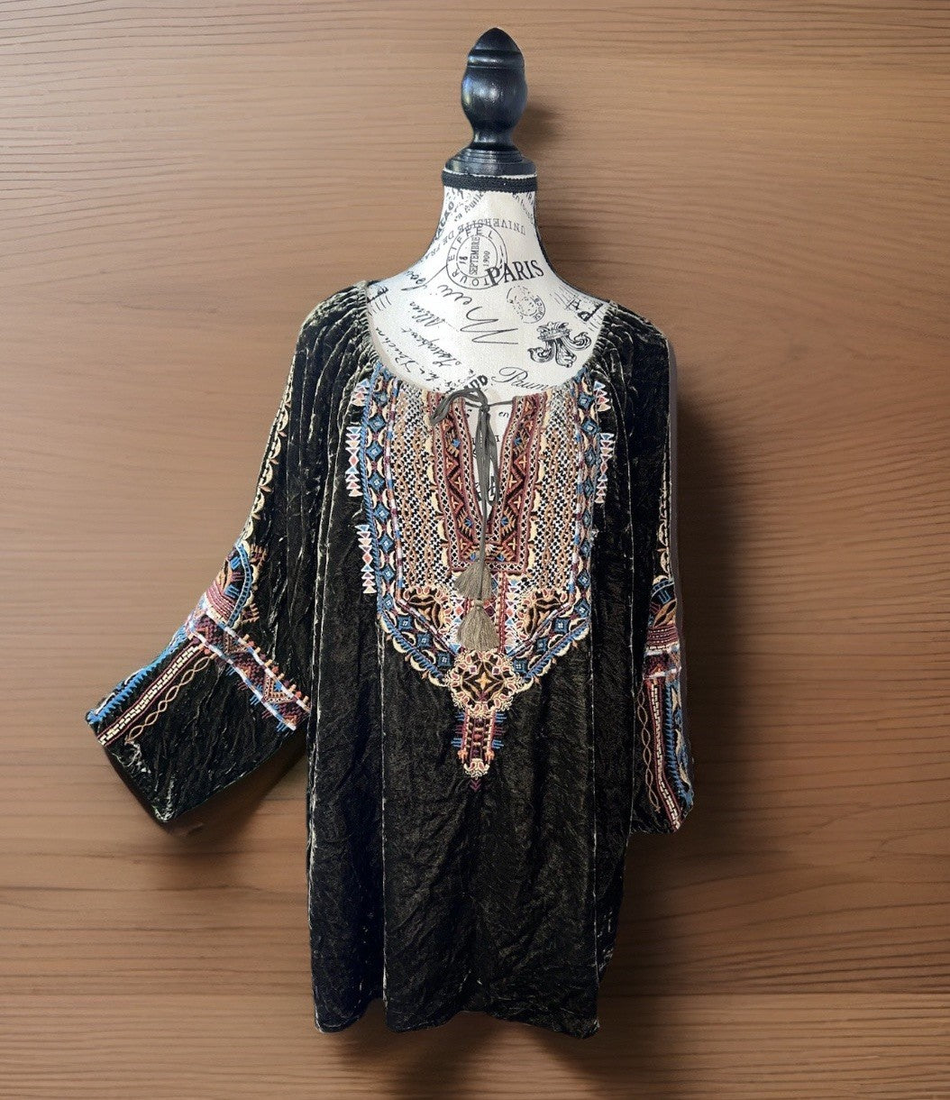 Johnny Was XL Olive Brown Velvet Peasant Blouse Embroidered Tunic Top Mini Dress Johnny Was
