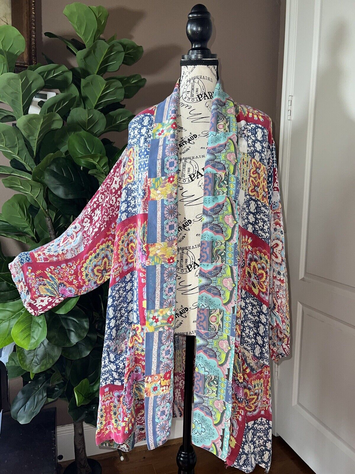 Johnny Was Silky Kimono XXL 2XL 2X Red & Blue Floral Patchwork W/ Pockets SOFT