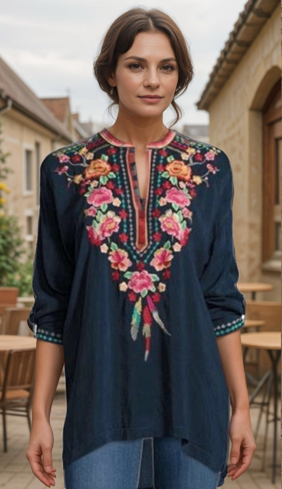 Johnny Was XL Tunic Top Blouse Shirt Navy Embroidered Silky Lightweight Cool Johnny Was