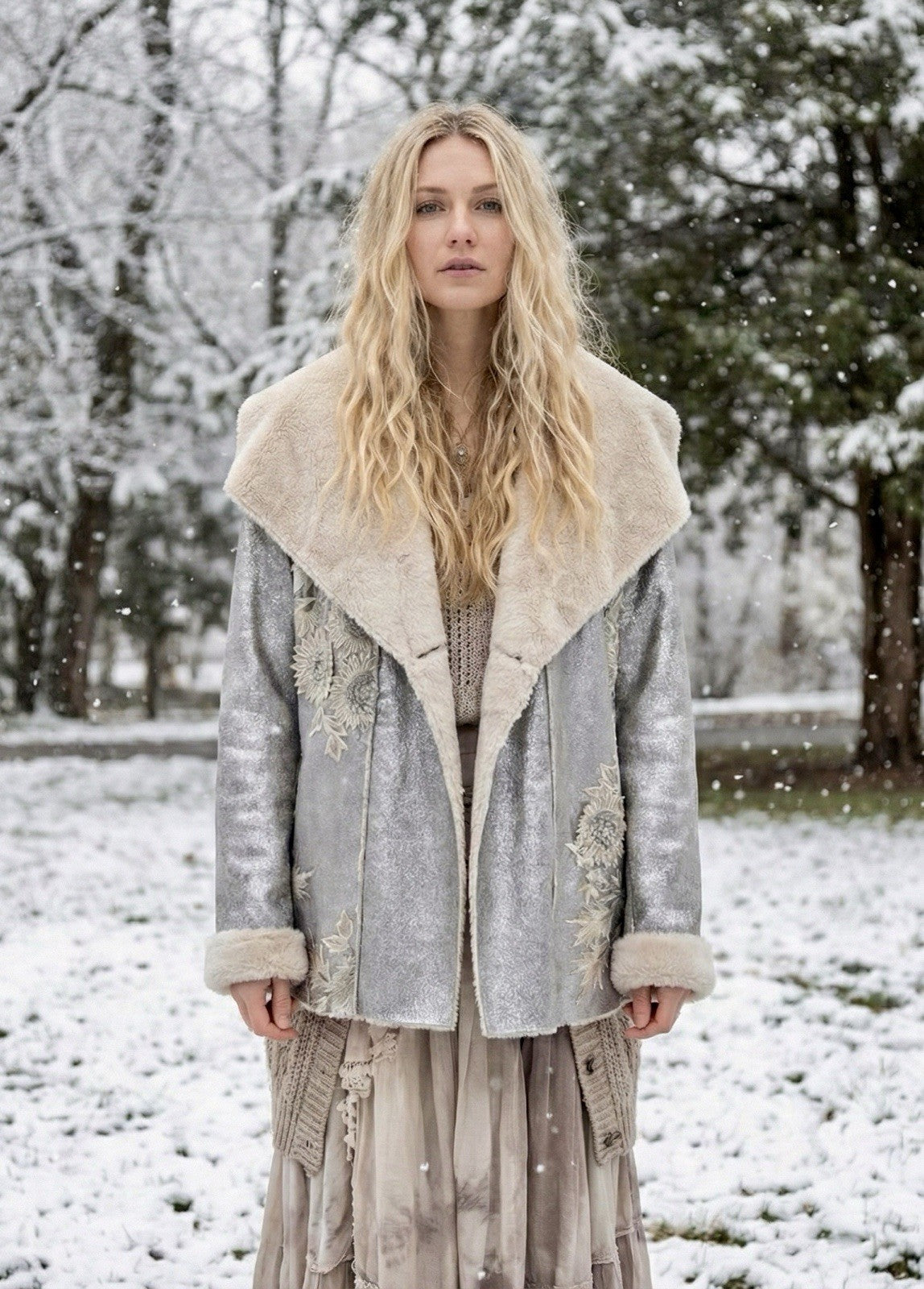 Johnny Was XL Silver Faux Suede & Fur Jacket Coat Applipue & Embroidery Johnny Was