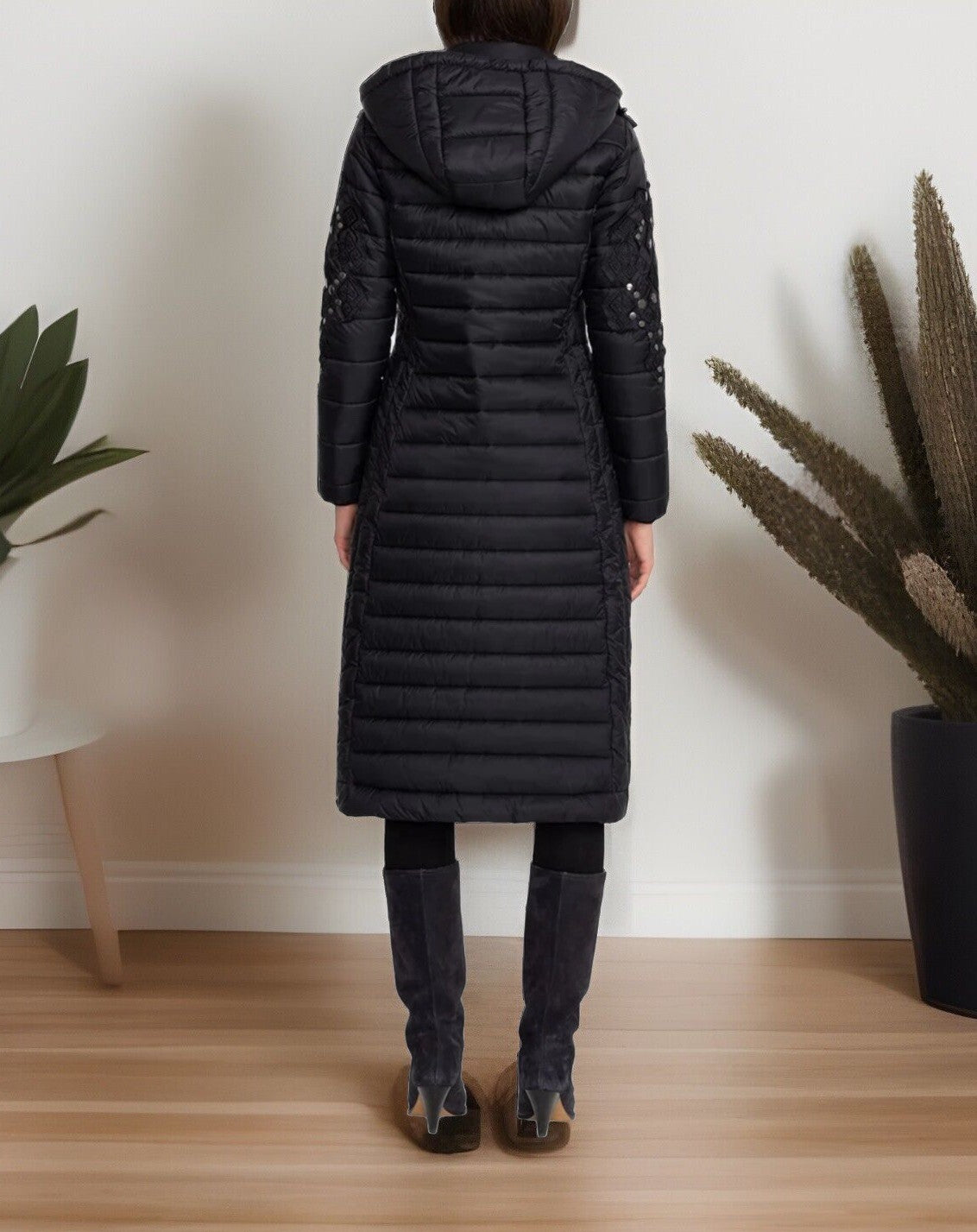 Johnny Was XL Black Puffer Coat Jacket Embroidery On Sleeves $598 Retail Johnny Was