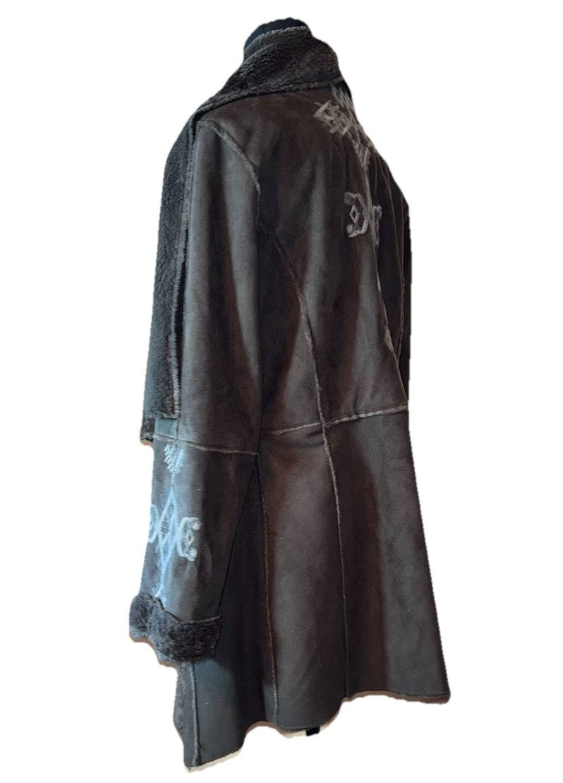 Johnny Was M Black Fuzzy Fur & Faux Suede Coat Jacket Wrap Pockets Western Johnny Was