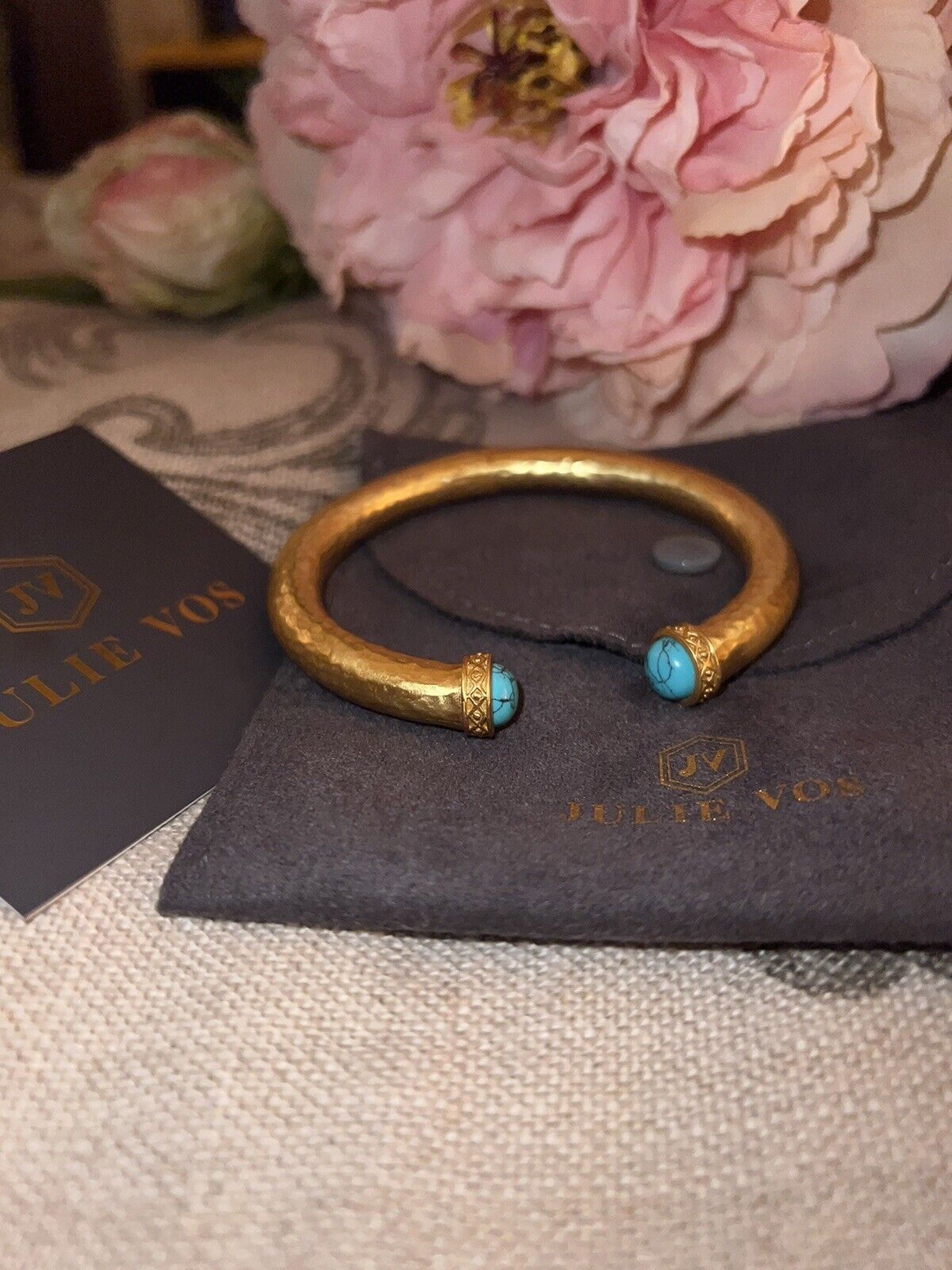 NEW Julie Vos Hinged Bangle Bracelet Blue Turquoise 24k Gold Plated NWOT