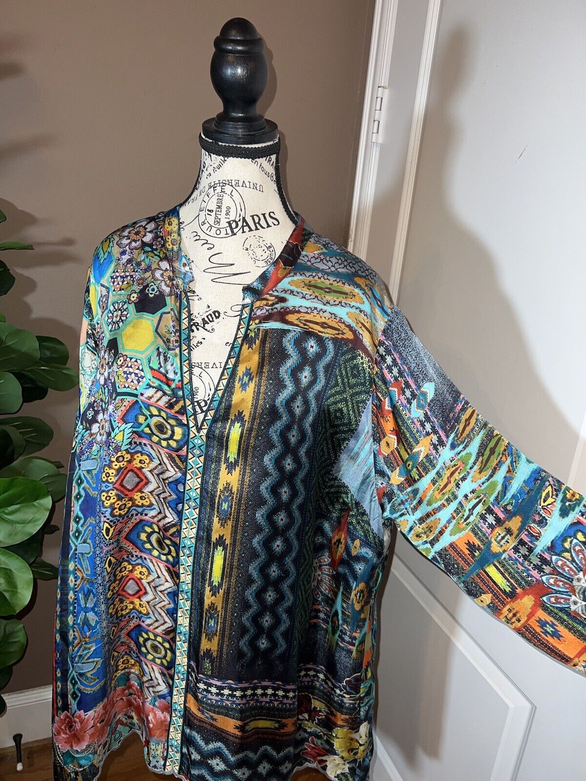 Johnny Was 100% Silk Tunic Top Scalloped Hem Jewel Tone 1XL 1X XL