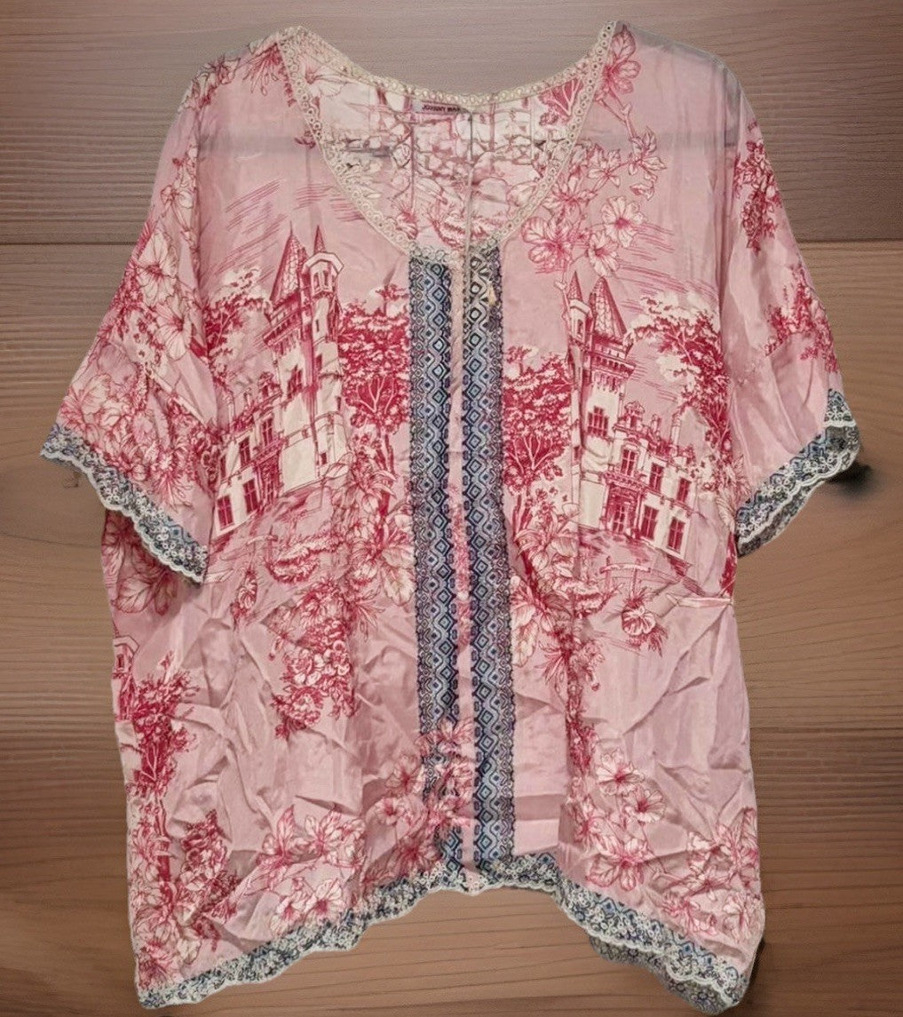 Johnny Was XL Pink & White 100% Silk Blouse Top Tunic Shirt Toile Lace Johnny Was