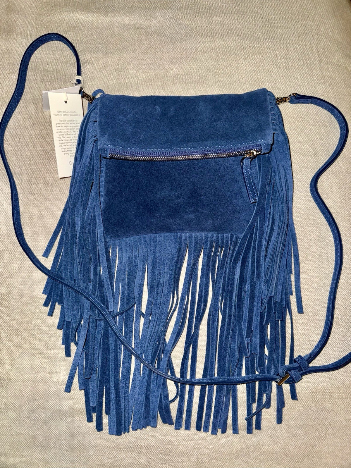 Johnny Was Blue Suede Leather & Fringe Crossbody Bag Purse Shoulder Tote Johnny Was