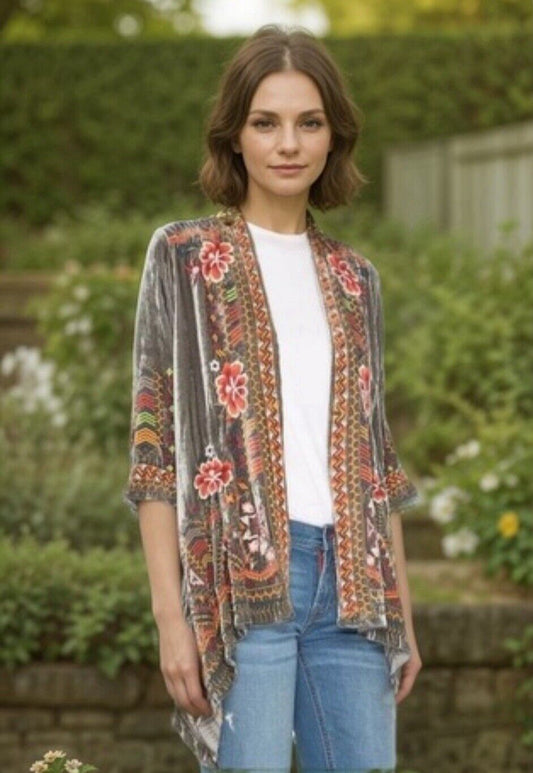 Johnny Was XL 1X Grey Velvet Kimono Duster Wrap Jacket Embroidered Coat