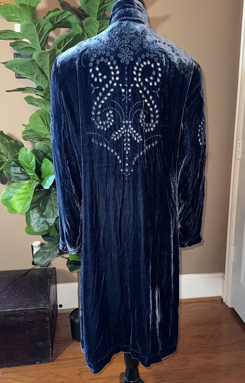 Johnny Was M Blue Velvet Long Kimono Duster Wrap Coat Eyelet Lace Cutout