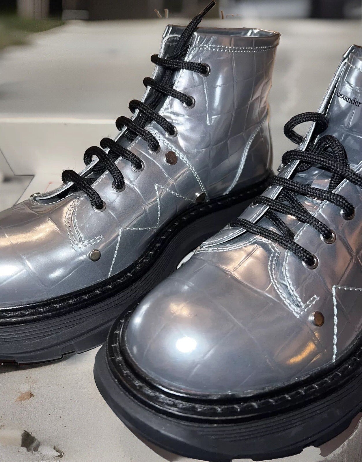 Alexander McQueen Patent Animal Print Combat Boots Silver 39.5 $1050 Retail Alexander McQueen