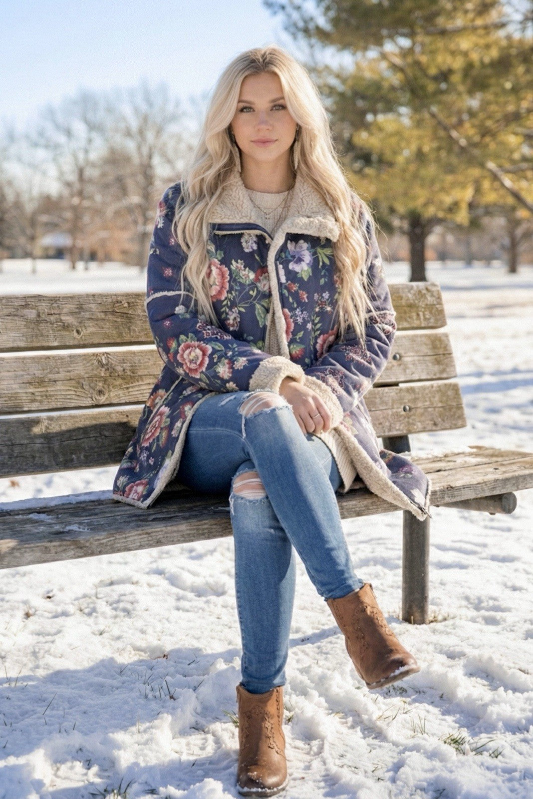 Johnny Was L Navy Blue Coat Jacket Faux Suede & Shearling Oversized Floral Johnny Was Pete & Greta
