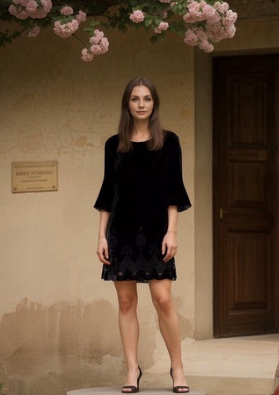 Johnny Was Large Black Velvet Mini Shift Dress Bell Sleeve  & Eyelet Lace