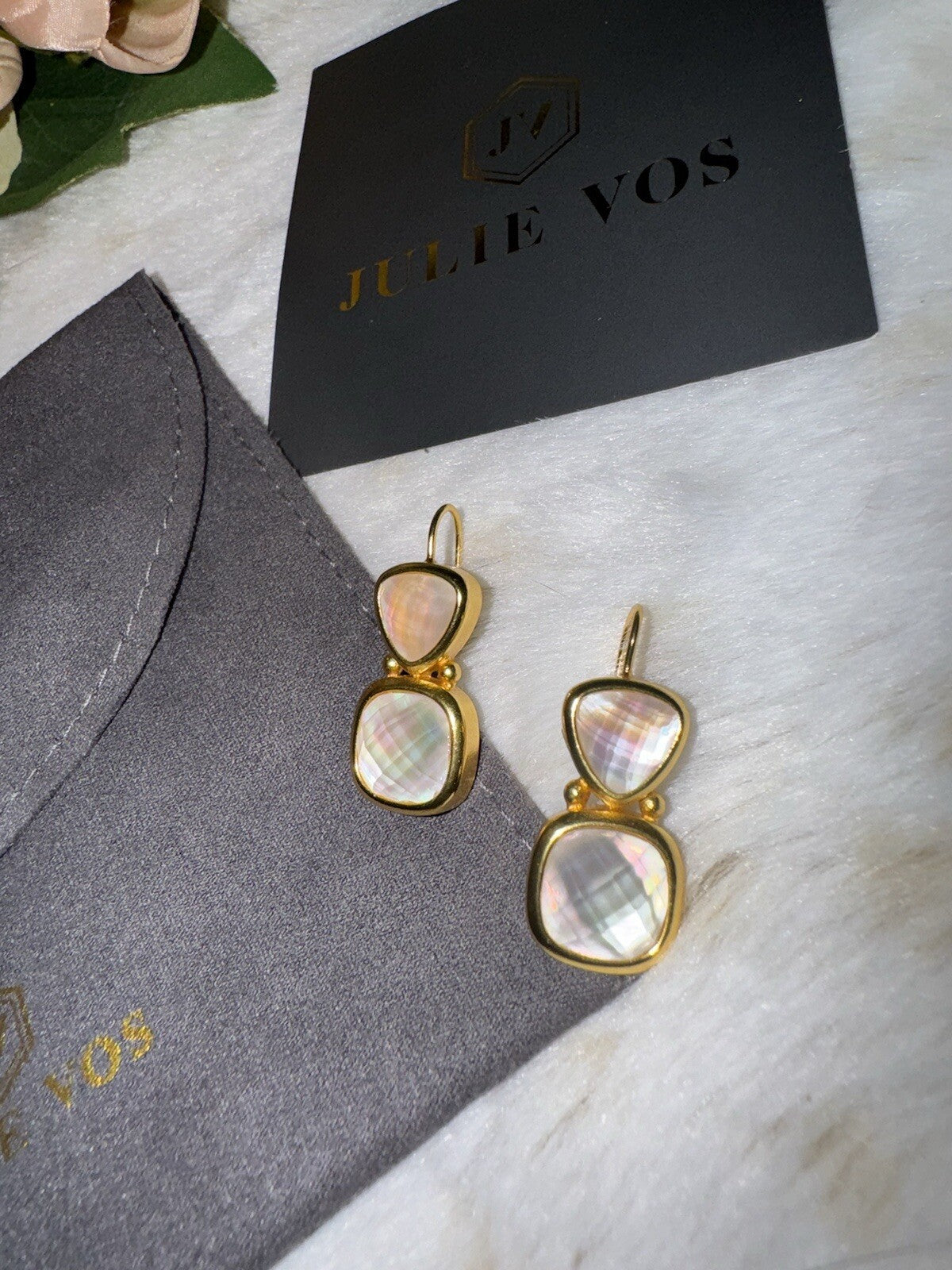 Julie Vos Iridescent Clear Drop Earrings 24k Gold Plated   STUNNING Julie Vos