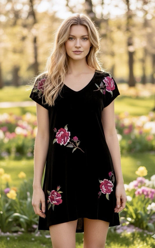 Johnny Was L Black & Pink Velvet Shift Mini Dress Embroidered Floral Tunic Top Johnny Was