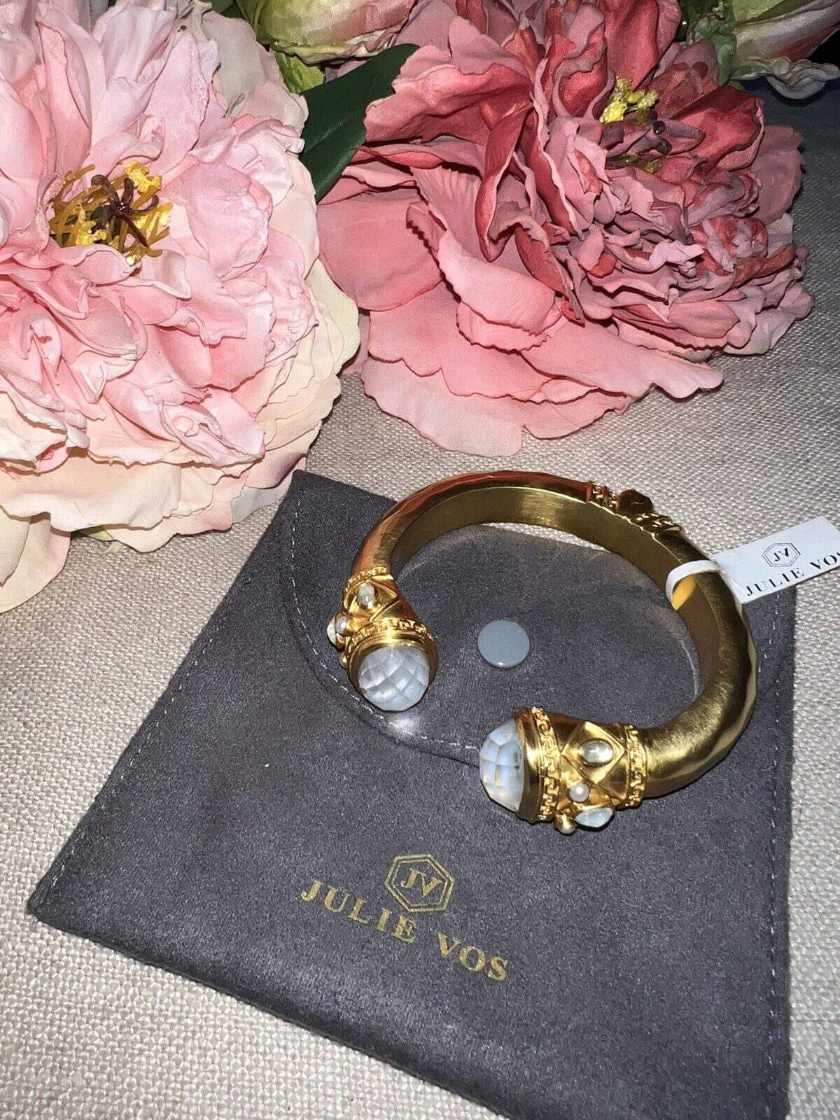 NEW Julie Vos Large Bangle Bracelet Cuff Hinged Iridescent Clear  & Pearls NWT