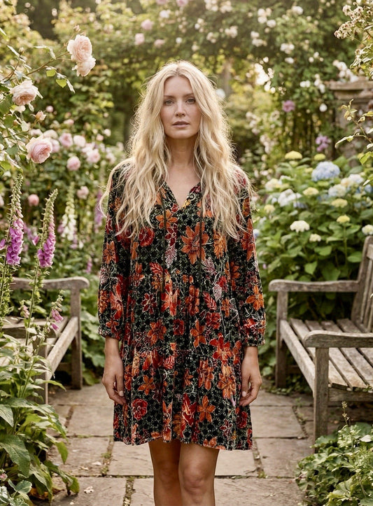 Johnny Was XL Velvet Mini Dress Tiered Fall Colors Babydoll Beaded Maxi Johnny Was