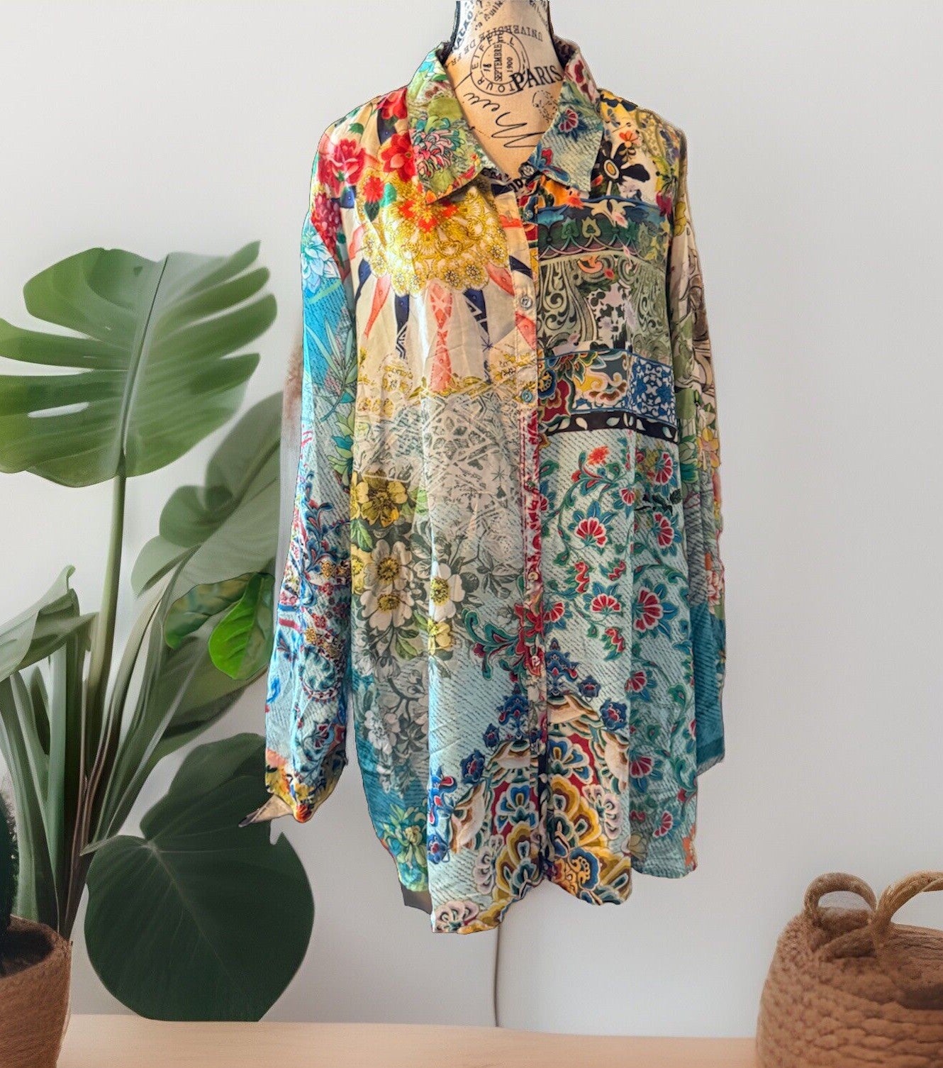 Johnny Was 3X 3XL 100% Silk Button Up Tunic Top Blouse Shirt Kimono L/S Johnny Was