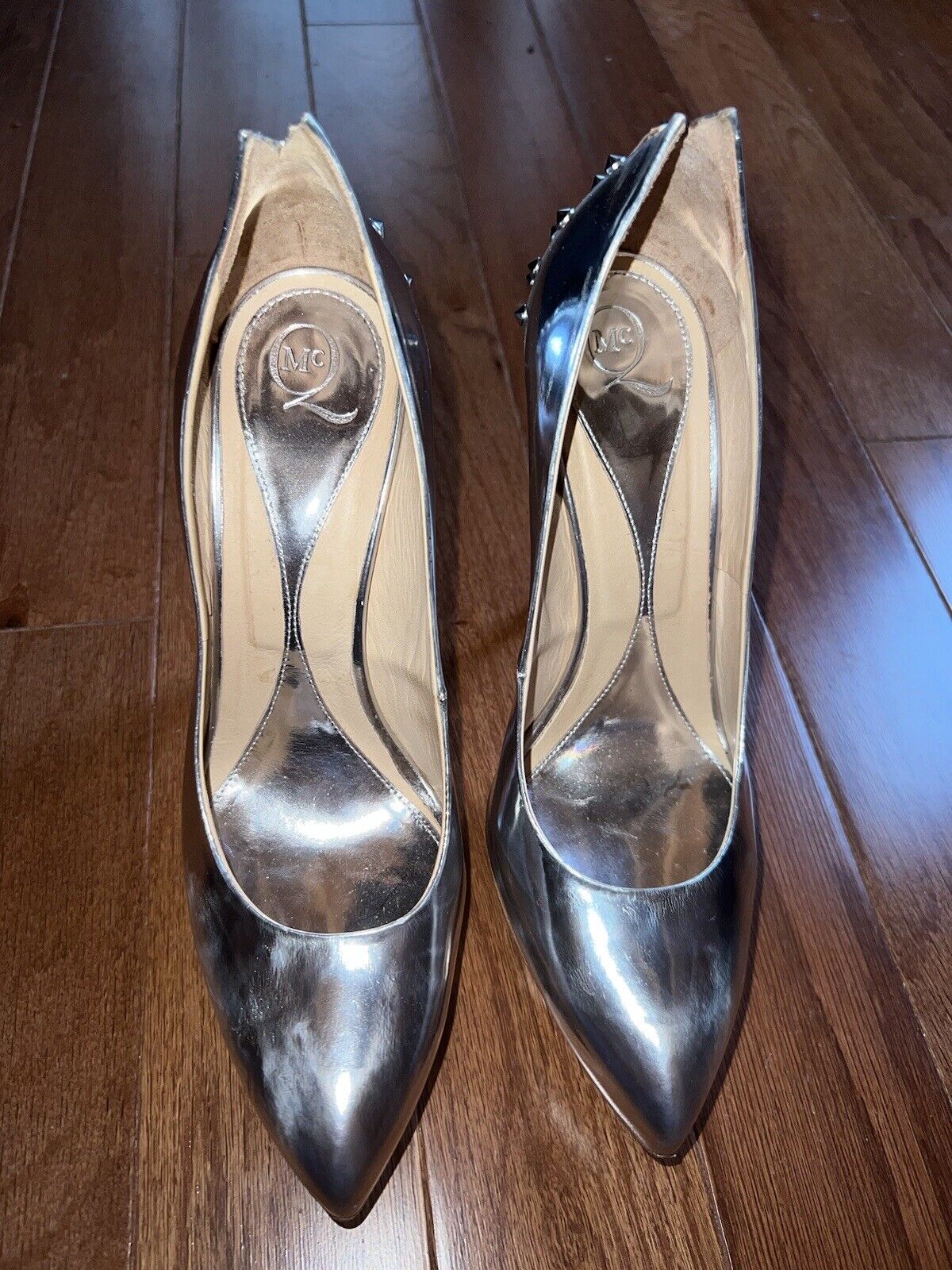 ALEXANDER MCQUEEN Women Studded Leather Pumps Heels Silver Size 39 AUTHENTIC