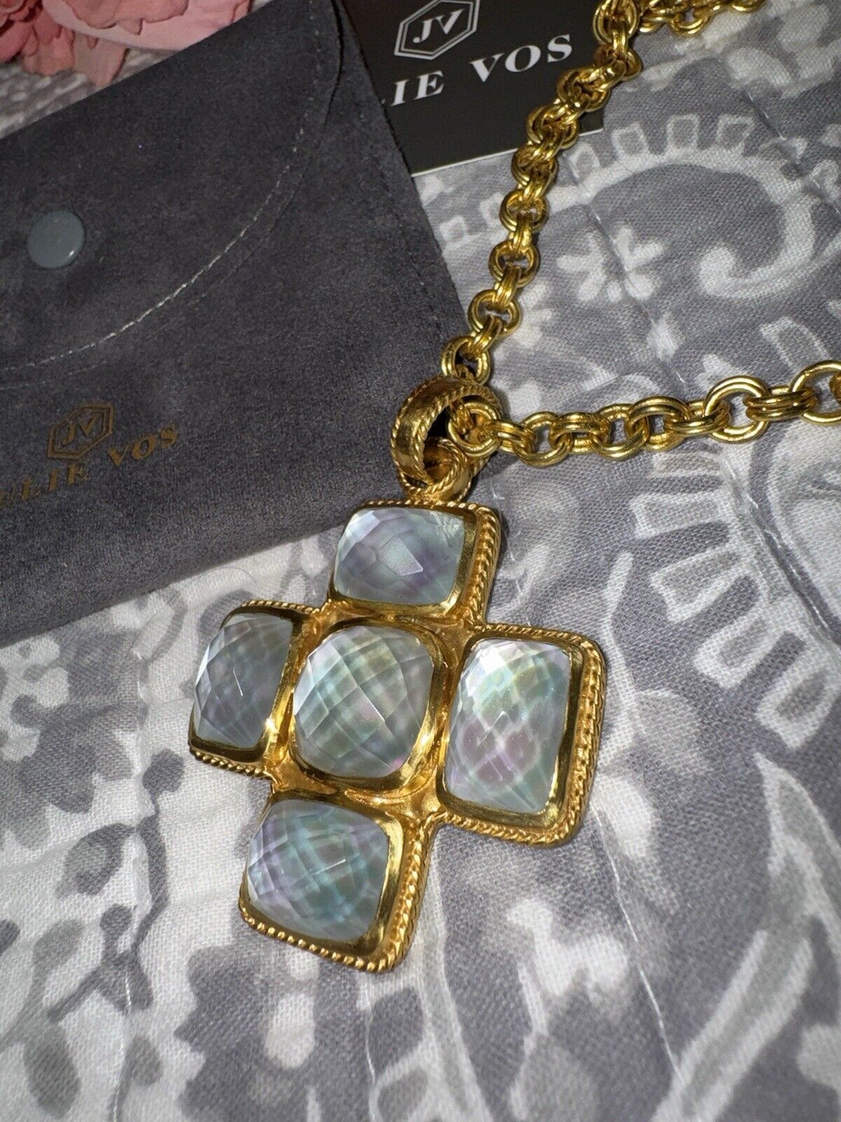 NEW Julie Vos Heavy Link Necklace & Clear Iridescent Crystal Cross Pendant NWOT