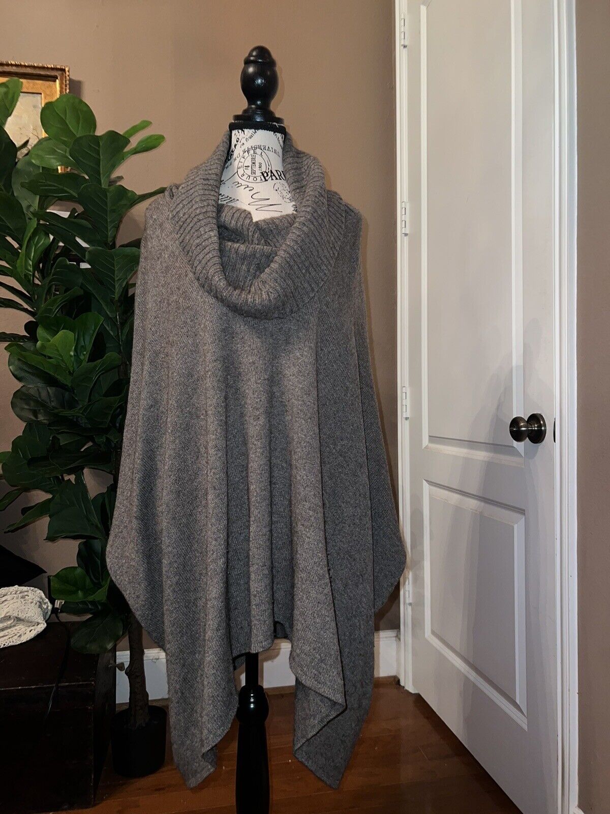 Eileen Fisher L Charcoal Grey Merino Wool Cowl Neck Poncho Pullover Sweater