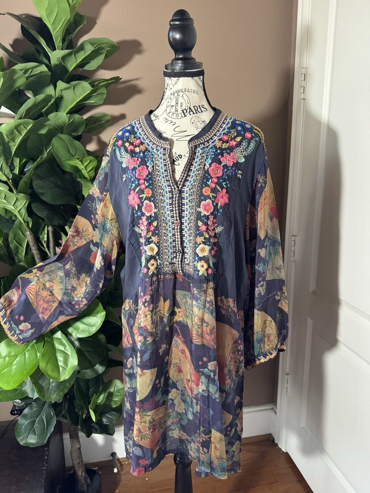 Johnny Was Silky Asian Fan Mini Dress Or Tunic Top Embroidered Sz XXL 2X 2XL