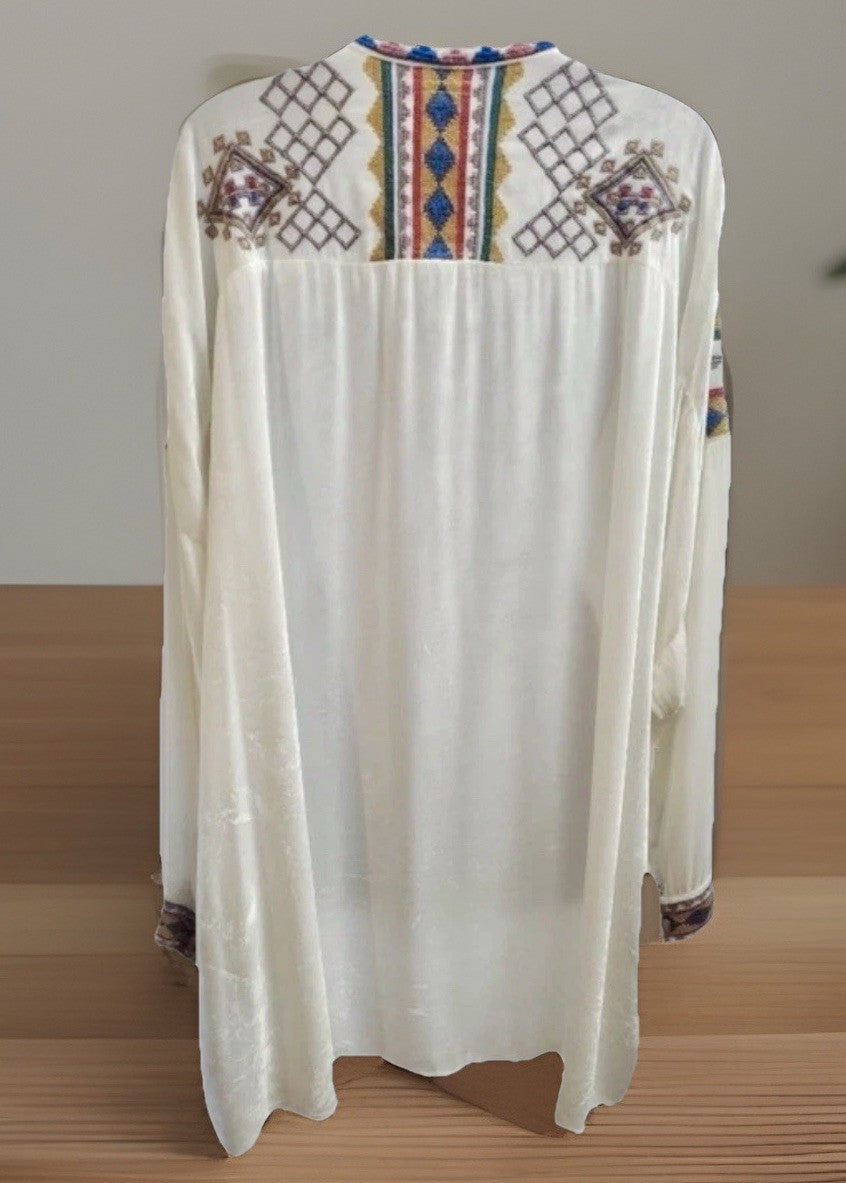 Johnny Was L Large Cream White Velvet Peasant Tunic Top Blouse Embroidered Johnny Was