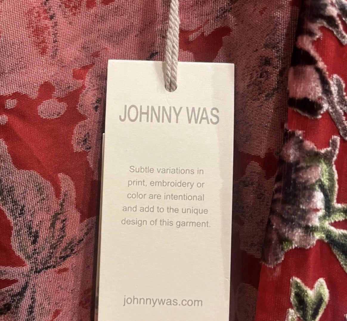 Johnny Was O/S Burnout Velvet Shawl Wrap Red Beaded Trim Bohemian Luxury Johnny Was