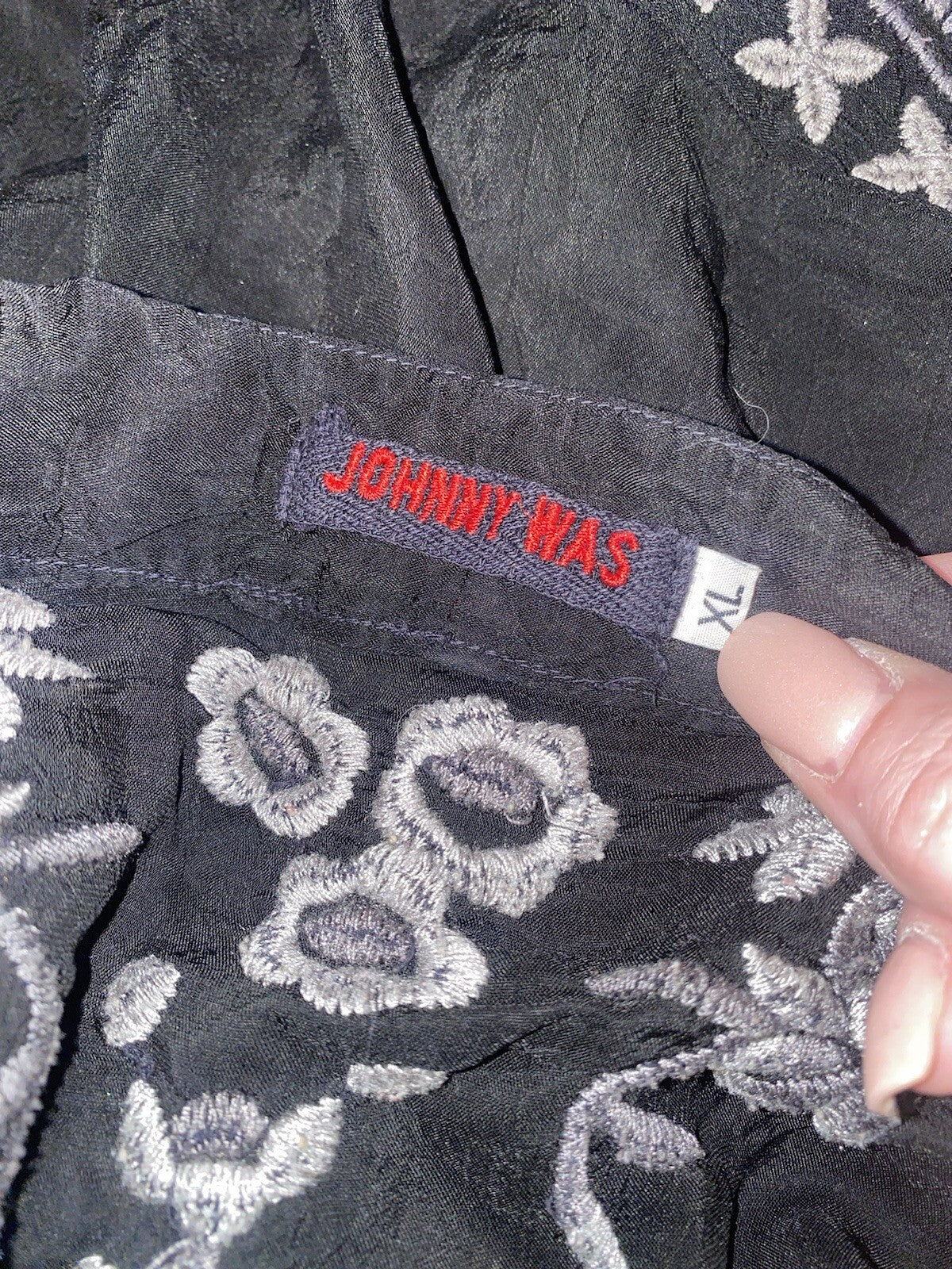 Johnny Was XL Silky Black Kimono Wrap Top Embroidered Black Duster Jacket Floral Johnny Was