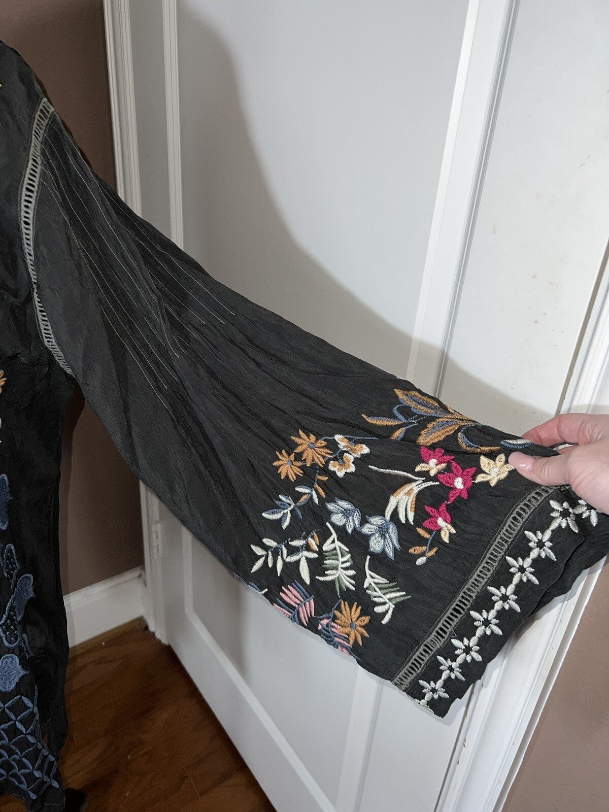 Johnny Was L Black Embroidered Blouse Tunic Top Mini Dress Kimono Sleeve Shirt Johnny Was