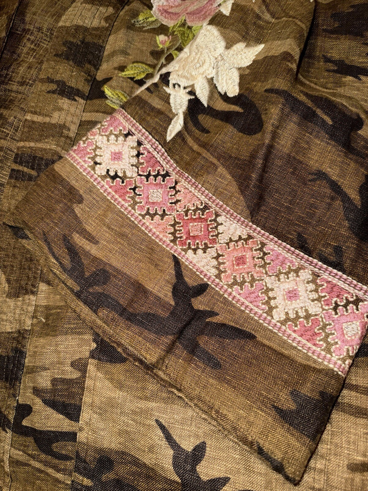 Johnny Was XL Linen Camo Embroidered Kimono Top Wrap Jacket Coat *NO BELT Johnny Was