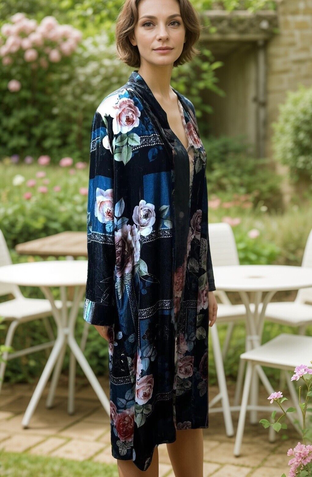 Johnny Was L Velvet & Silk Lined Kimono Wrap Duster Pink & Blue Floral