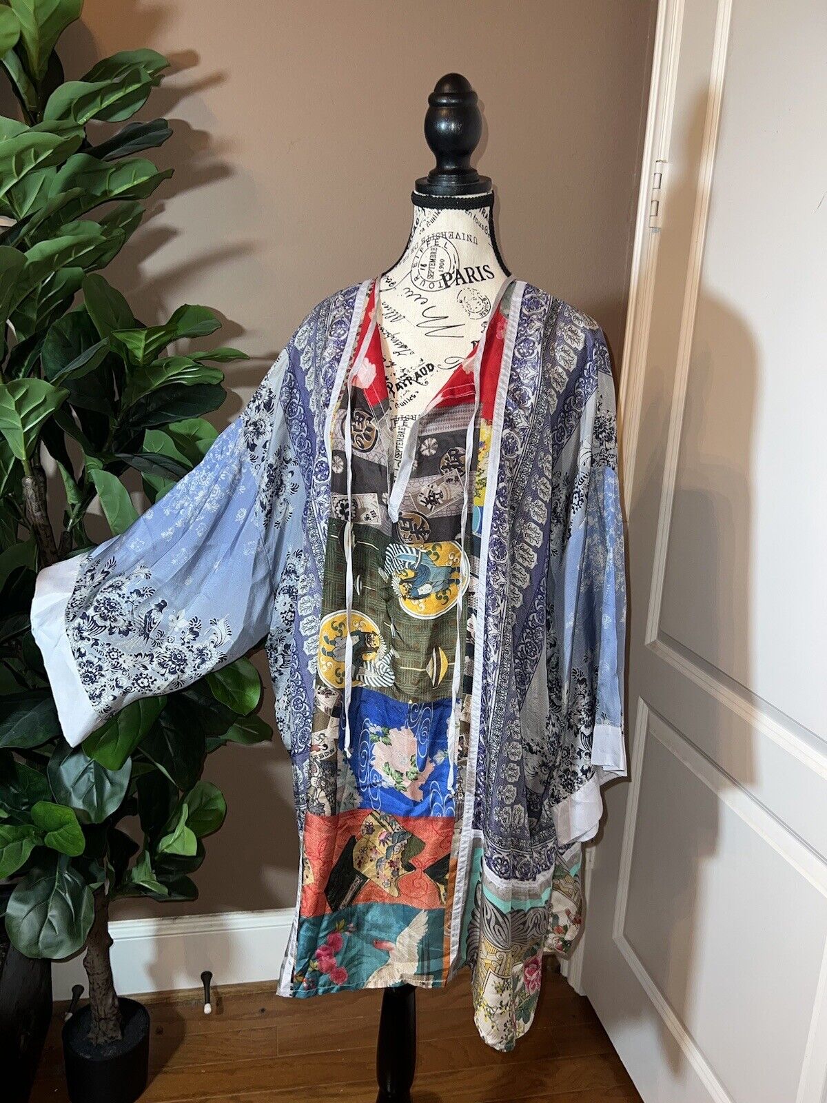 Johnny Was 100% Silk Sz L Large Tunic Top Mini Dress Kimono Sleeves OVERSIZED