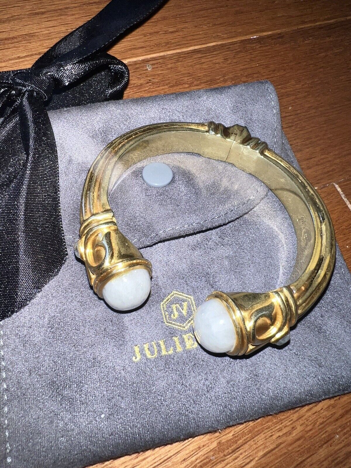 Julie Vos Large Bangle Cuff Bracelet Moonstone & Light Blue 24k Gold Plated WOW