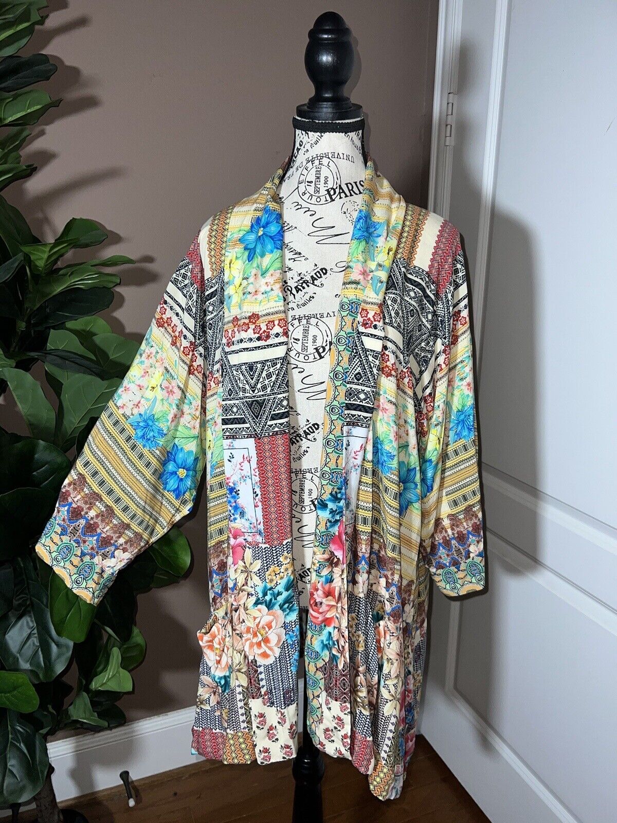 Johnny Was Patchwork Floral Kimono Sz XL 1X Soft & Flowy Wrap Jacket Top