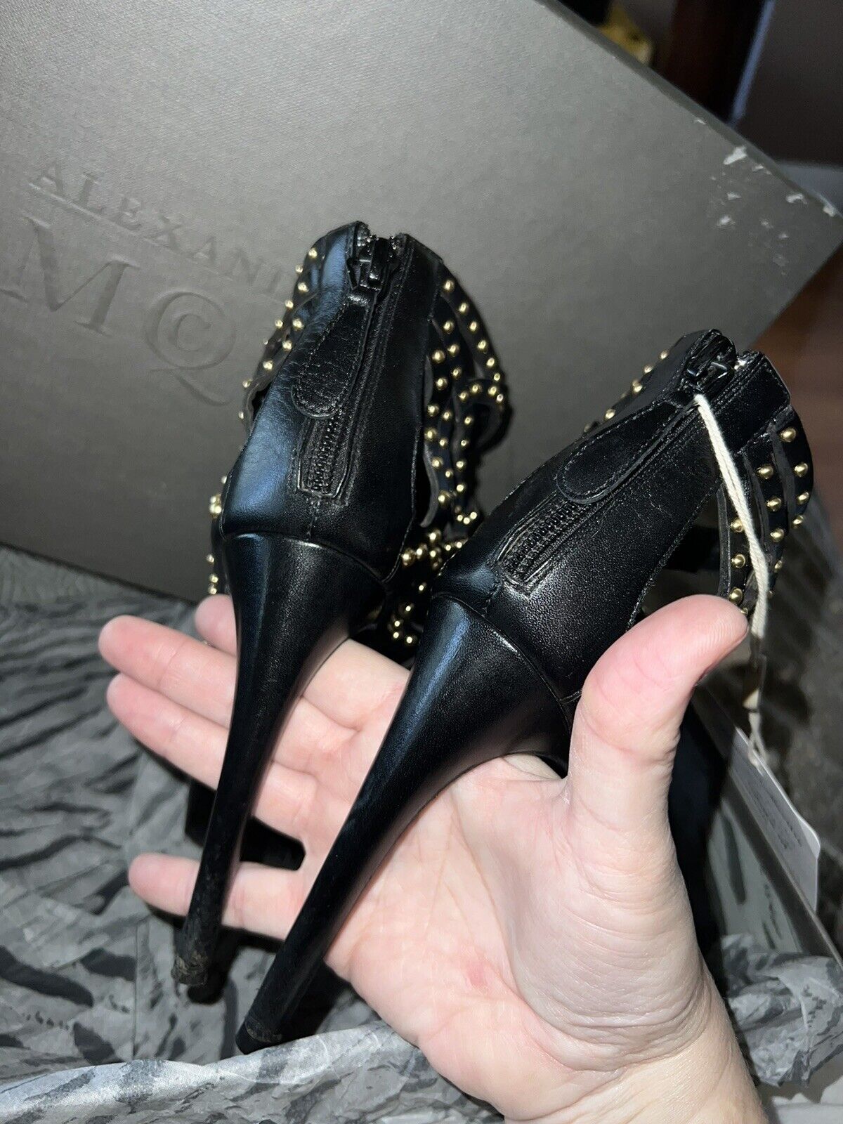 Alexander McQueen Studded Black Leather Cage Bootie IT 37 US 7 AUTHENTICATED