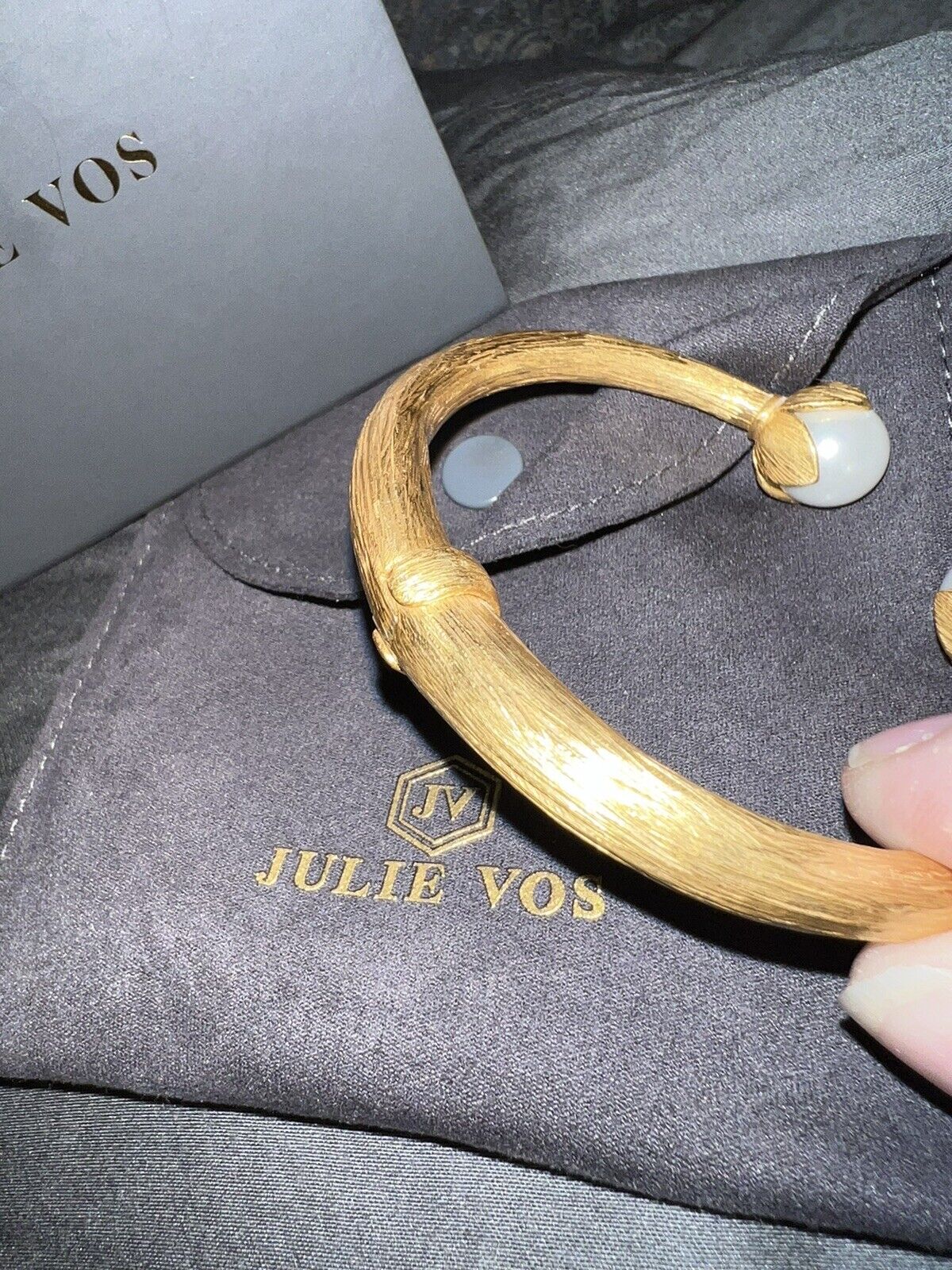 New Julie Vos Double Pearl 24k Gold Plate Hinged Bangle Bracelet NWOT