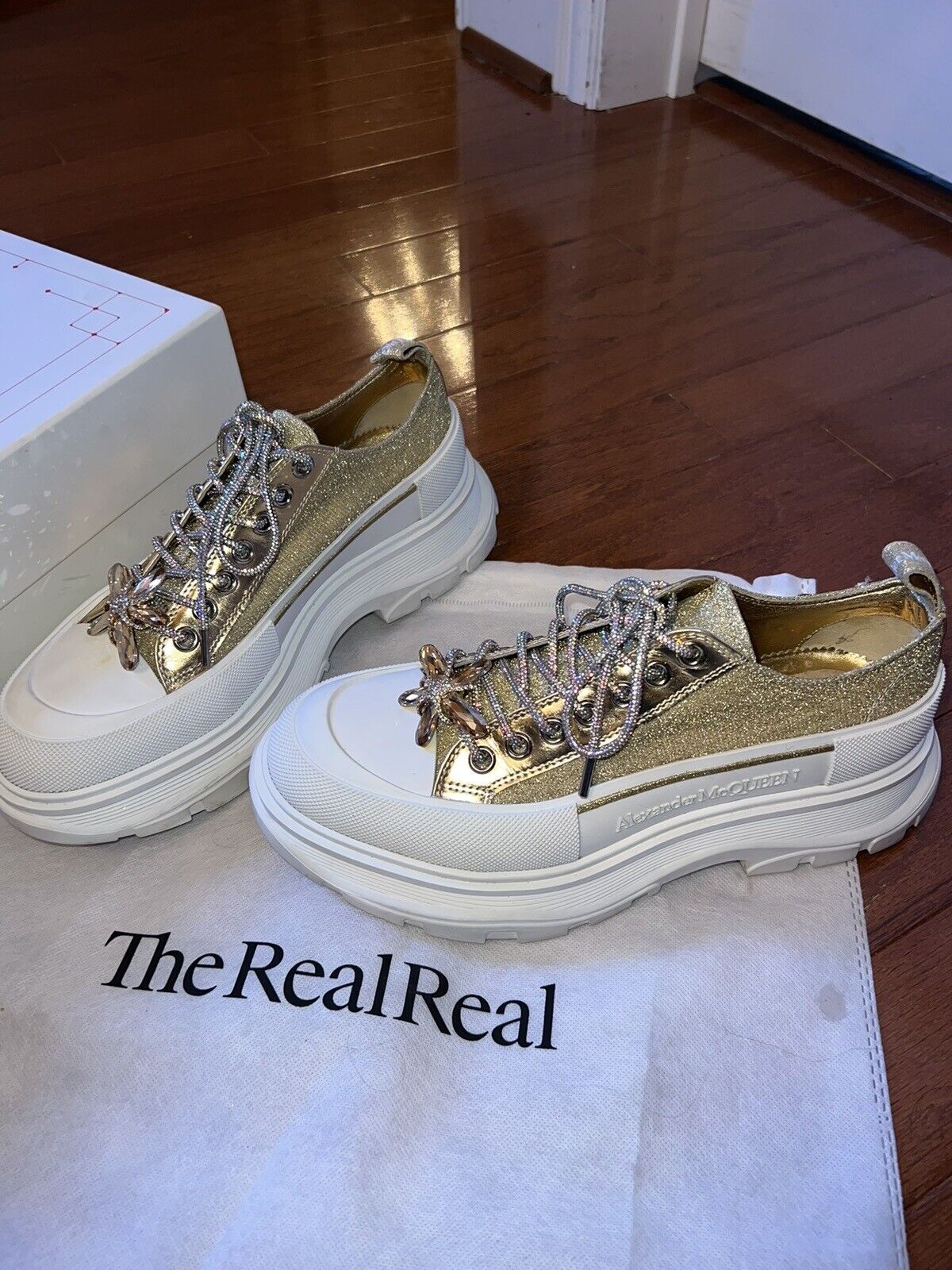 Alexander McQueen Tread Slick Gold Glitter Sneakers Retail $1180 Sz 42 US 10