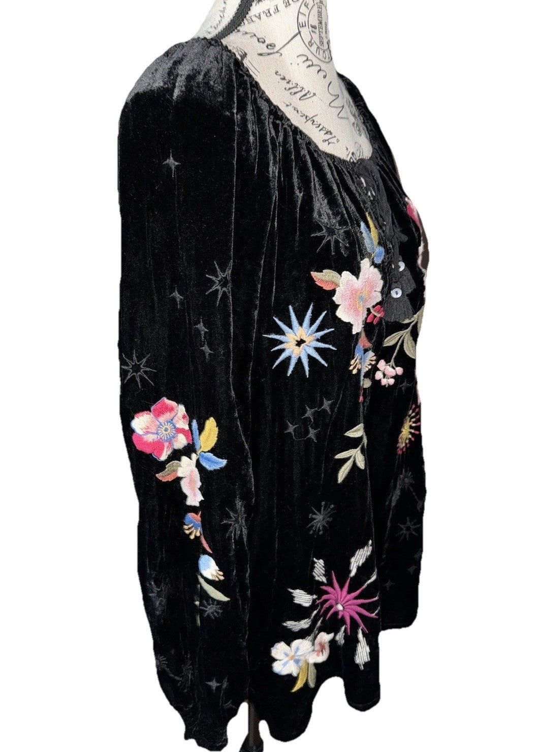 Johnny Was L Black Velvet Peasant Top Tunic Blouse Shirt Embroidered Roses Stars Johnny Was