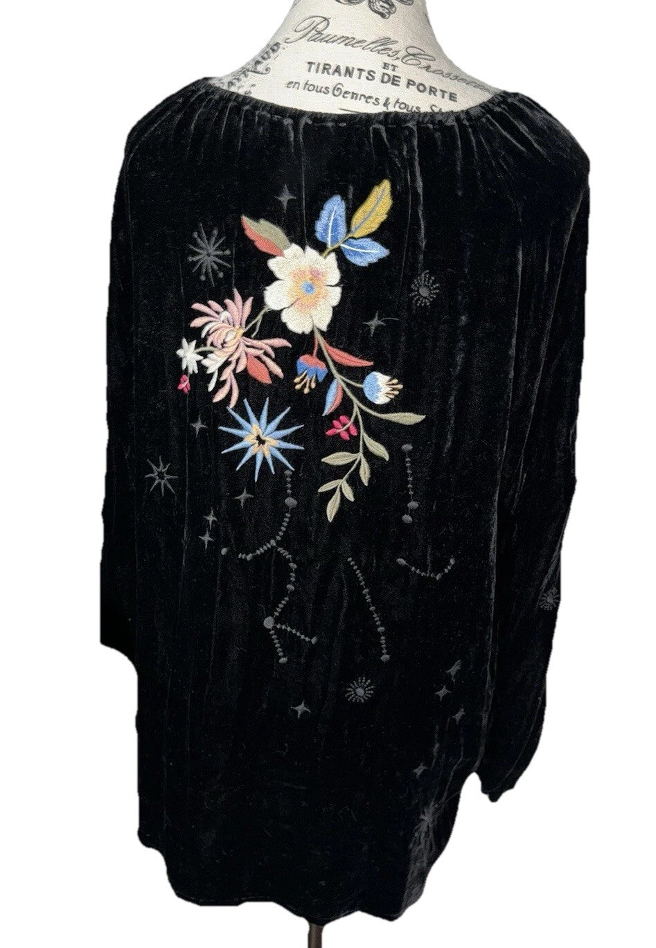 Johnny Was L Black Velvet Peasant Top Tunic Blouse Shirt Embroidered Roses Stars Johnny Was