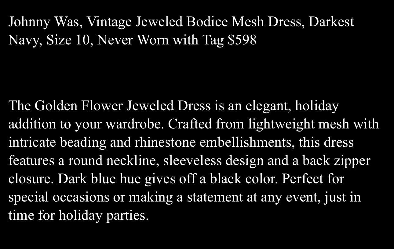 Johnny Was Black Label Sz 8 Jeweled Mesh MIDI Dress Dark Navy $598 Ret Johnny Was