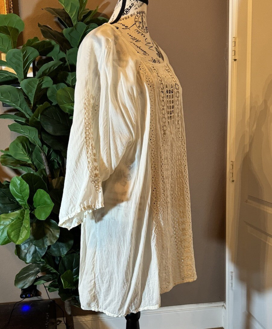 Johnny Was 3X Ivory Long Sleeve Tunic Top Blouse Shirt Off White Eyelet Lace Johnny Was