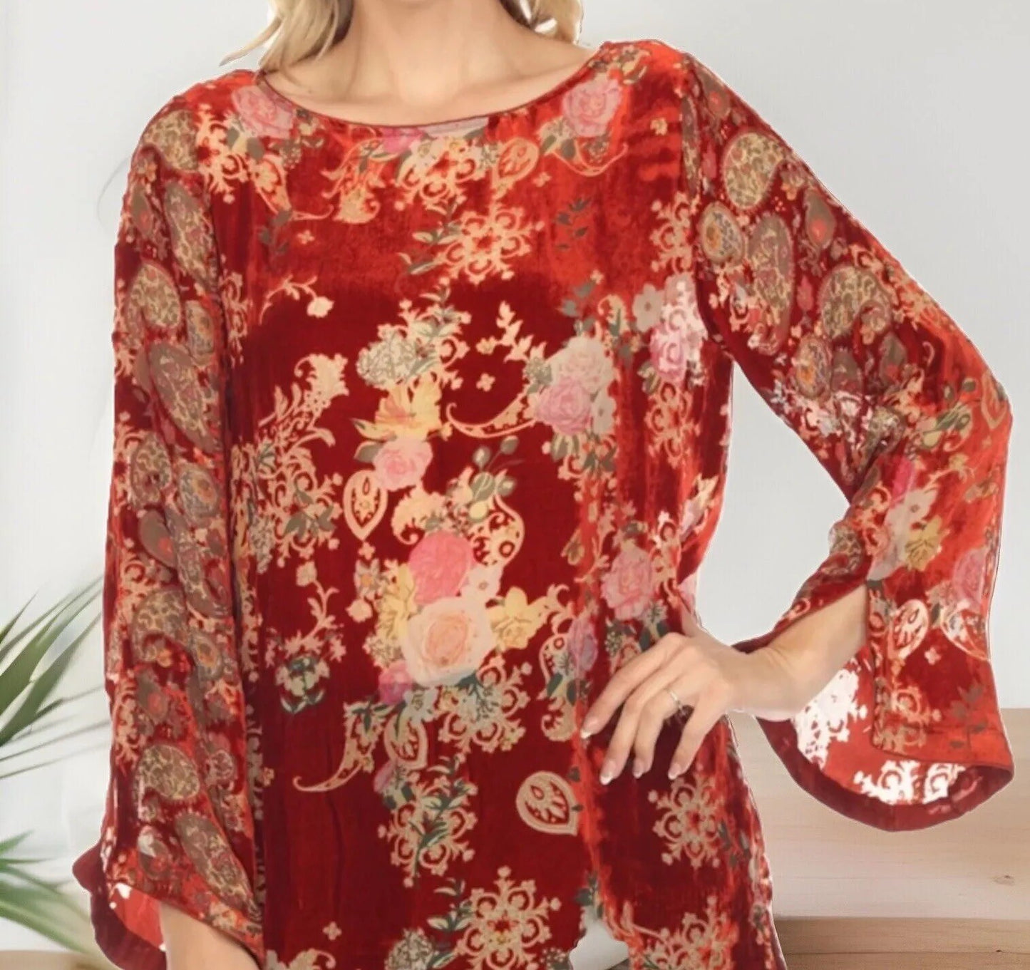 Johnny Was XL Red Burnout Velvet & Silk Tunic Top Peasant Blouse Shirt Johnny Was