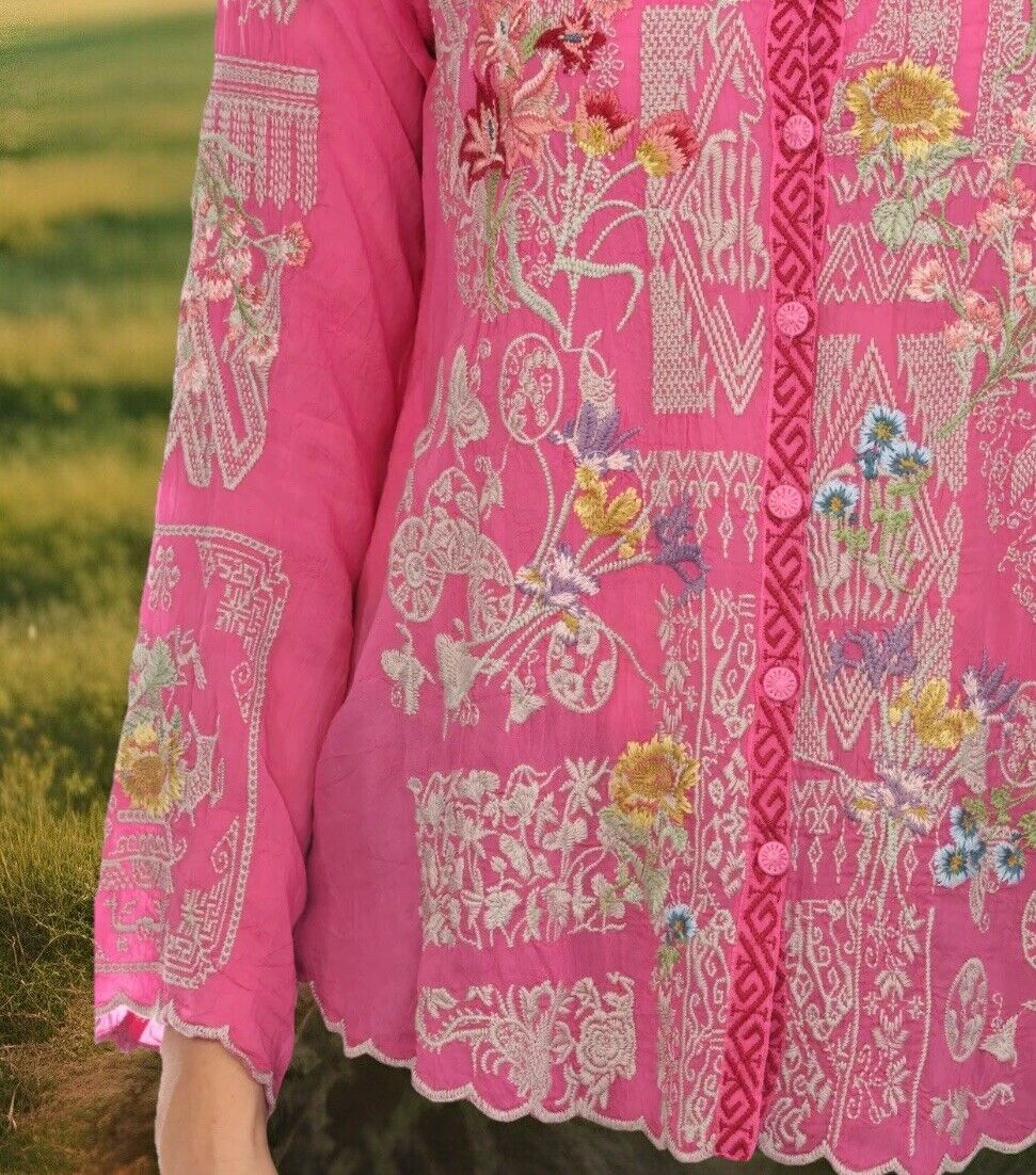 Johnny Was XXL 2X Tunic Top Pink Blouse Embroidered W/ Scalloped Hem Shirt