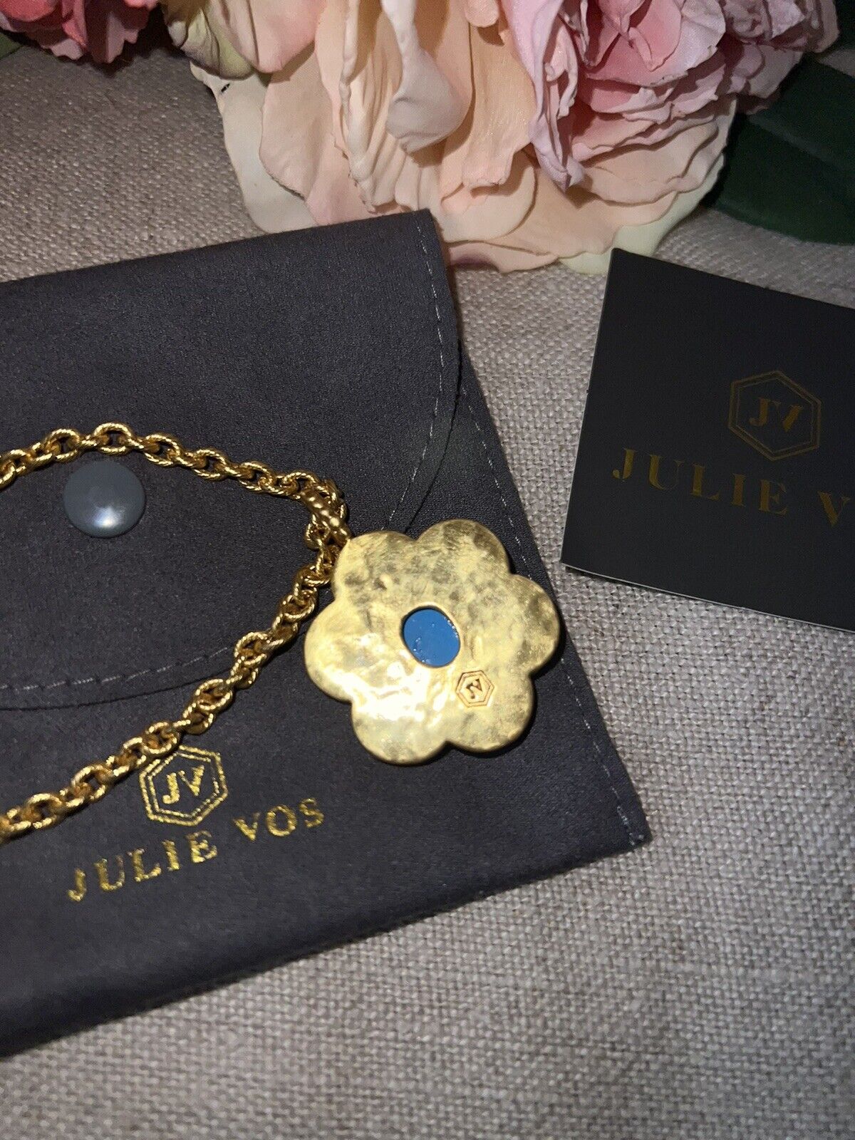 Julie Vos Long Chain 24k Gold Plated & Pacific Blue Floral Pendant