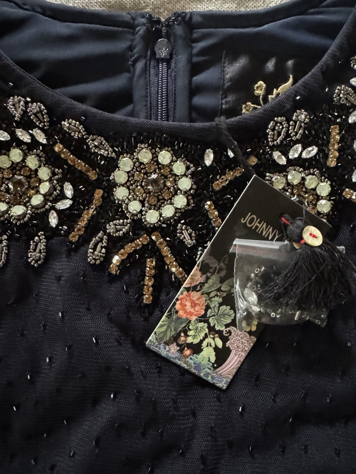 Johnny Was Black Label Sz 8 Jeweled Mesh MIDI Dress Dark Navy $598 Ret Johnny Was