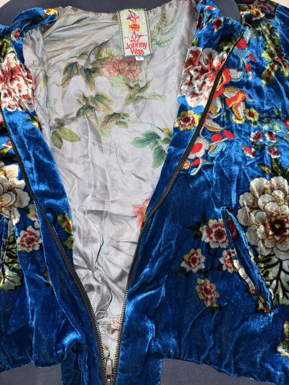 Johnny Was L Blue Velvet Bomber Jacket Flight Coat Floral Lightweight Warm Soft Johnny Was