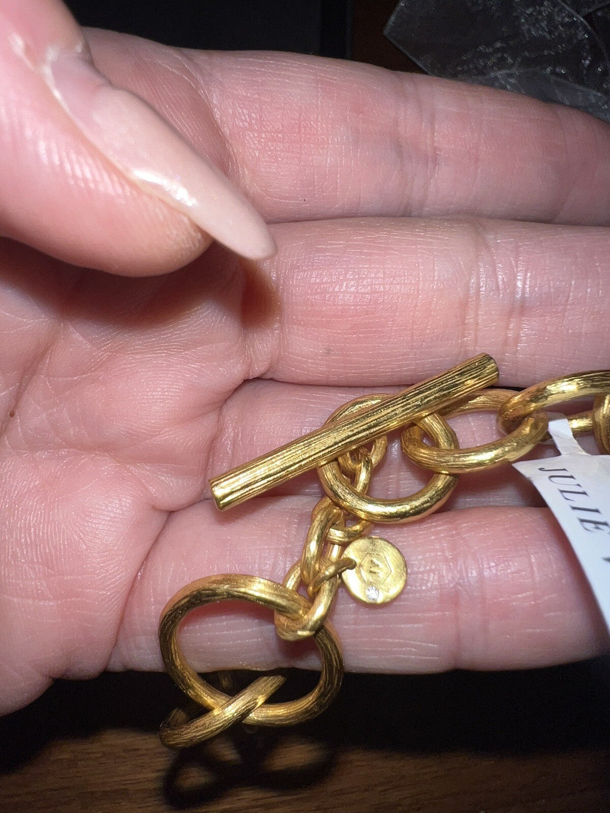 Julie Vos Statement Necklace Iridescent White Pendant 24k Plate Toggle Link Julie Vos