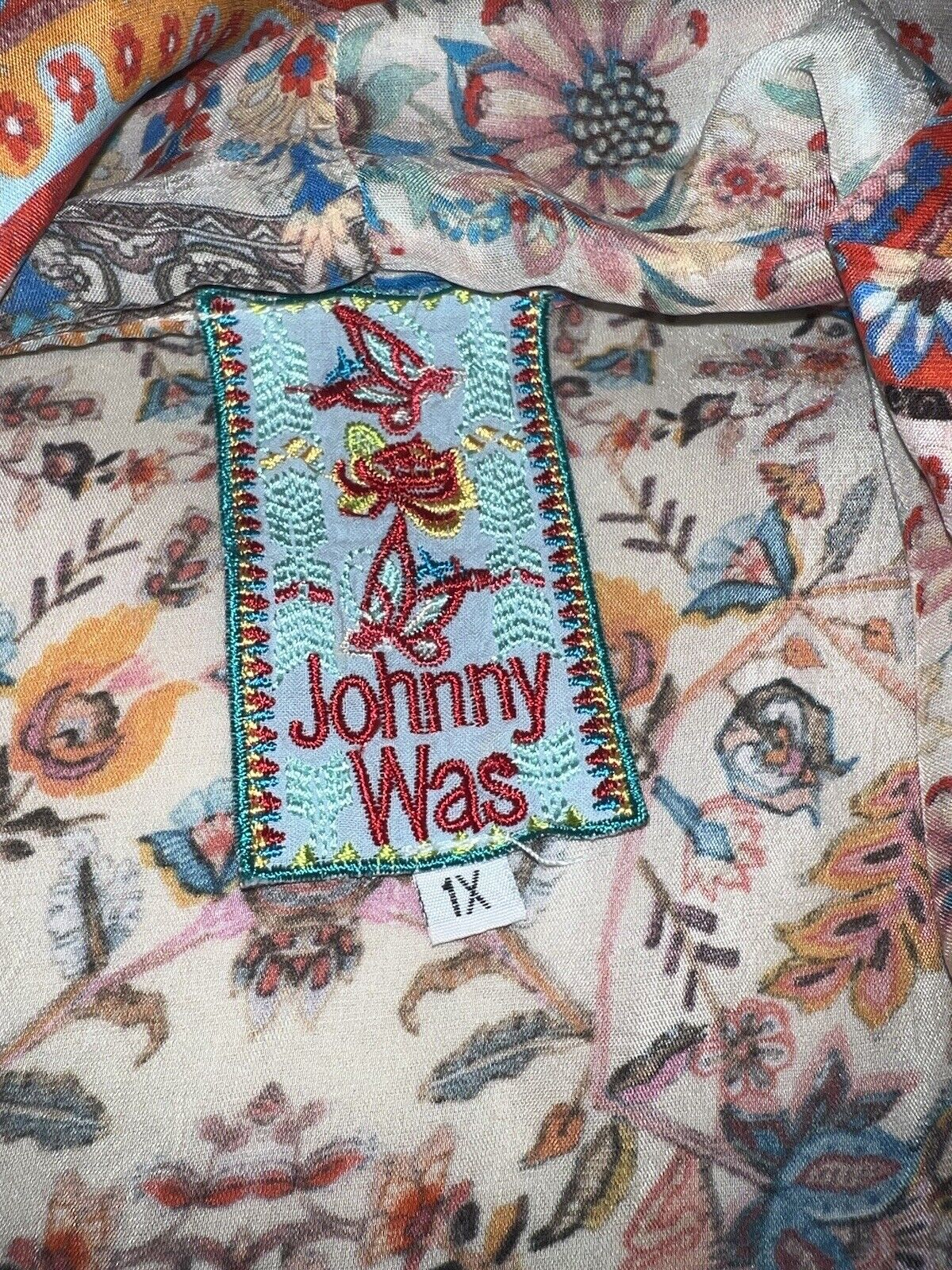 Johnny Was 1X 1XL 100% Silk Kimono Top Gorgeous Colors & Florals Embroidered