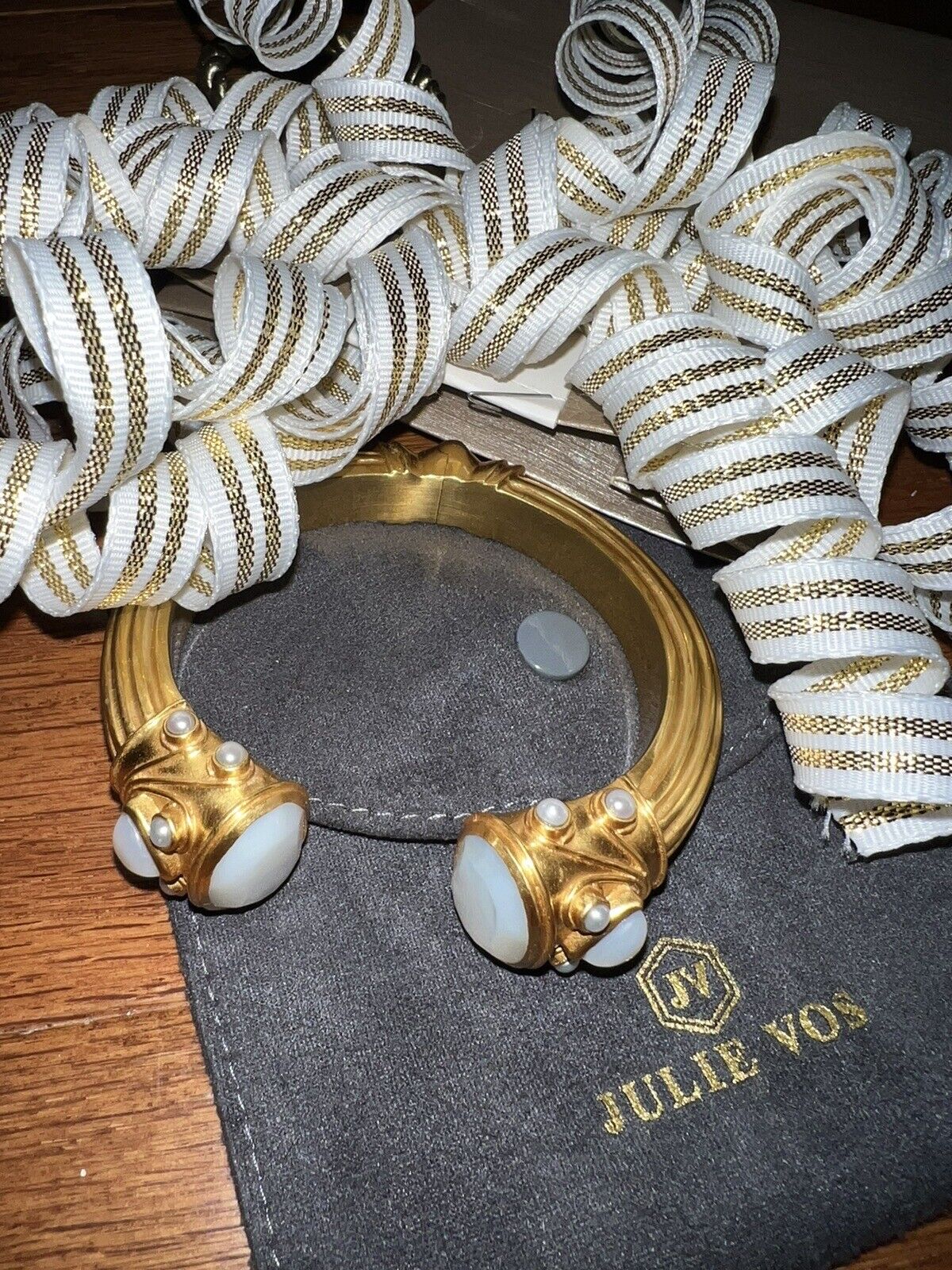 Julie Vos Hinged Bangle Cuff Bracelet 24k Gold Plate & Creamy White