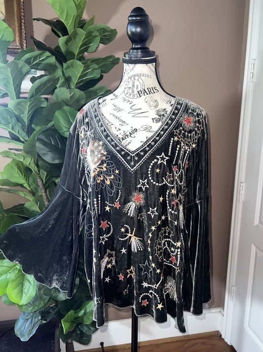 Johnny Was Charcoal Grey Velvet Celestial Embroidered Tunic Top XL Peasant