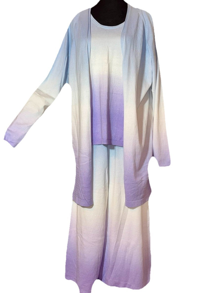 Johnny Was 3pc Set L Large Purple Whit Blue Dip Dye Kimono Tank & Wide Leg Pants Johnny Was